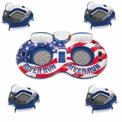 Intex American Flag 2 Person Float W/ River Run 1 Person Tube, Blue (4 Pack)