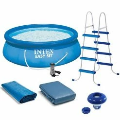 Intex 15' X 4’ Inflatable Pool, Ladder, Pump And Hydrotools Chlorine Dispenser