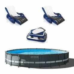 Intex 24ft X 52in Ultra XTR Round Frame Pool, Loungers (2 Pack), Floating Cooler