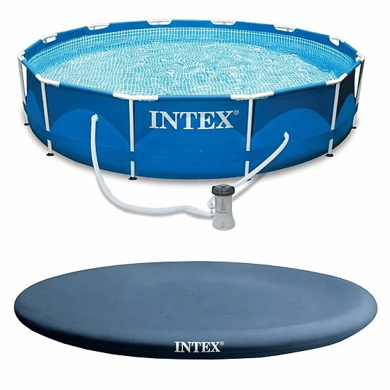 Intex 12' X 30" Metal Frame Round Swimming Pool W/ Filter Pump & 13' Pool Cover