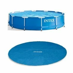 Intex 12 Foot X 30 In. Easy Set And Metal Frame Pool W/ Solar Cover Tarp, Blue
