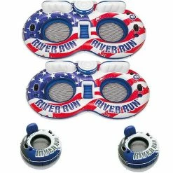 Intex American Flag 2 Person Float (2 Pack) W/ River Run 1 Person Tube (2 Pack)
